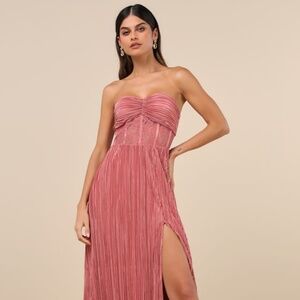 Lulus Desme Rose Pink Satin Plisse Strapless Maxi Dress - Size L